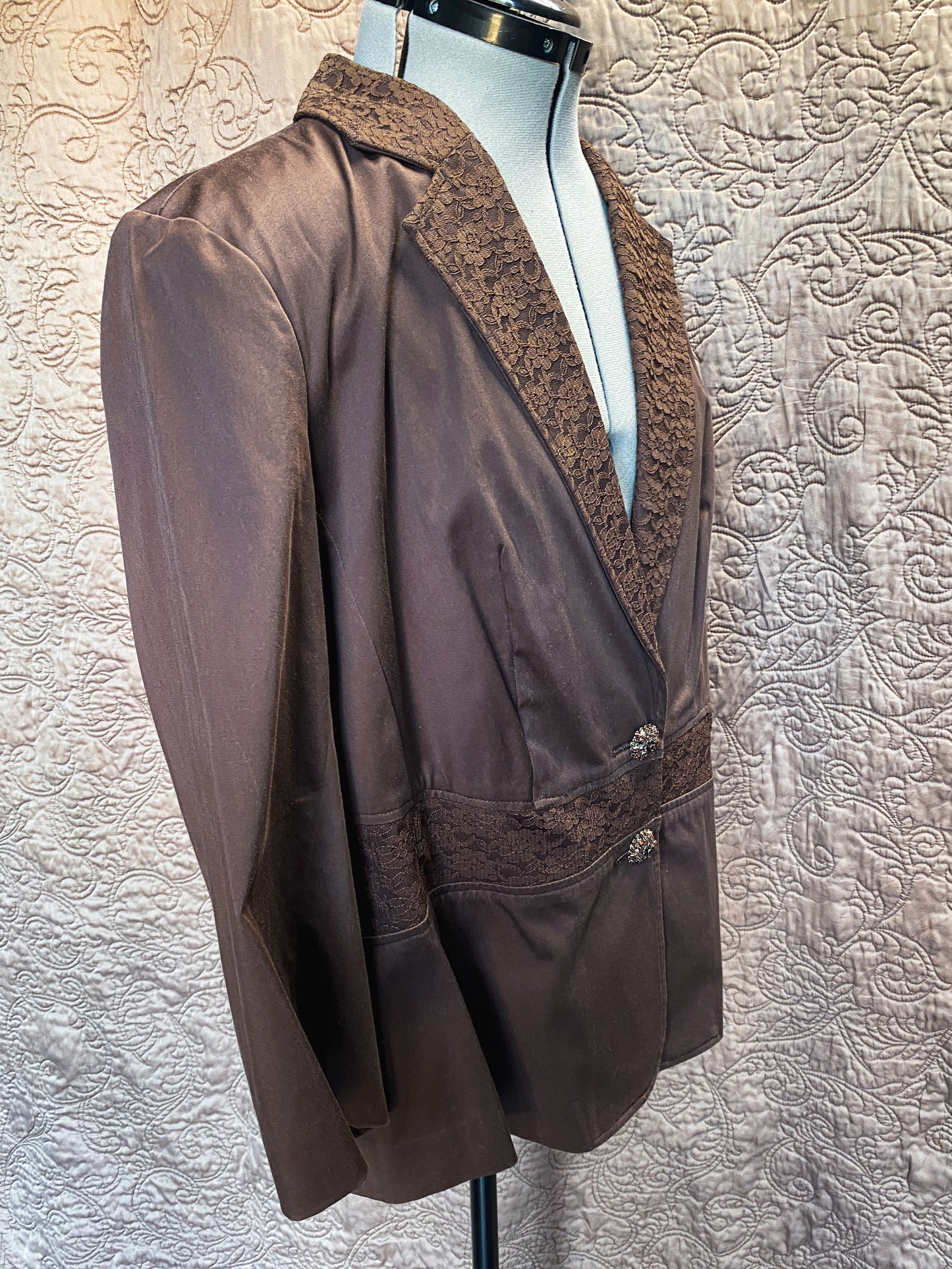 Brown Cotton Blazer - Lace Trim, Rhinestone Buttons - Women's Plus Size - XL 14/16