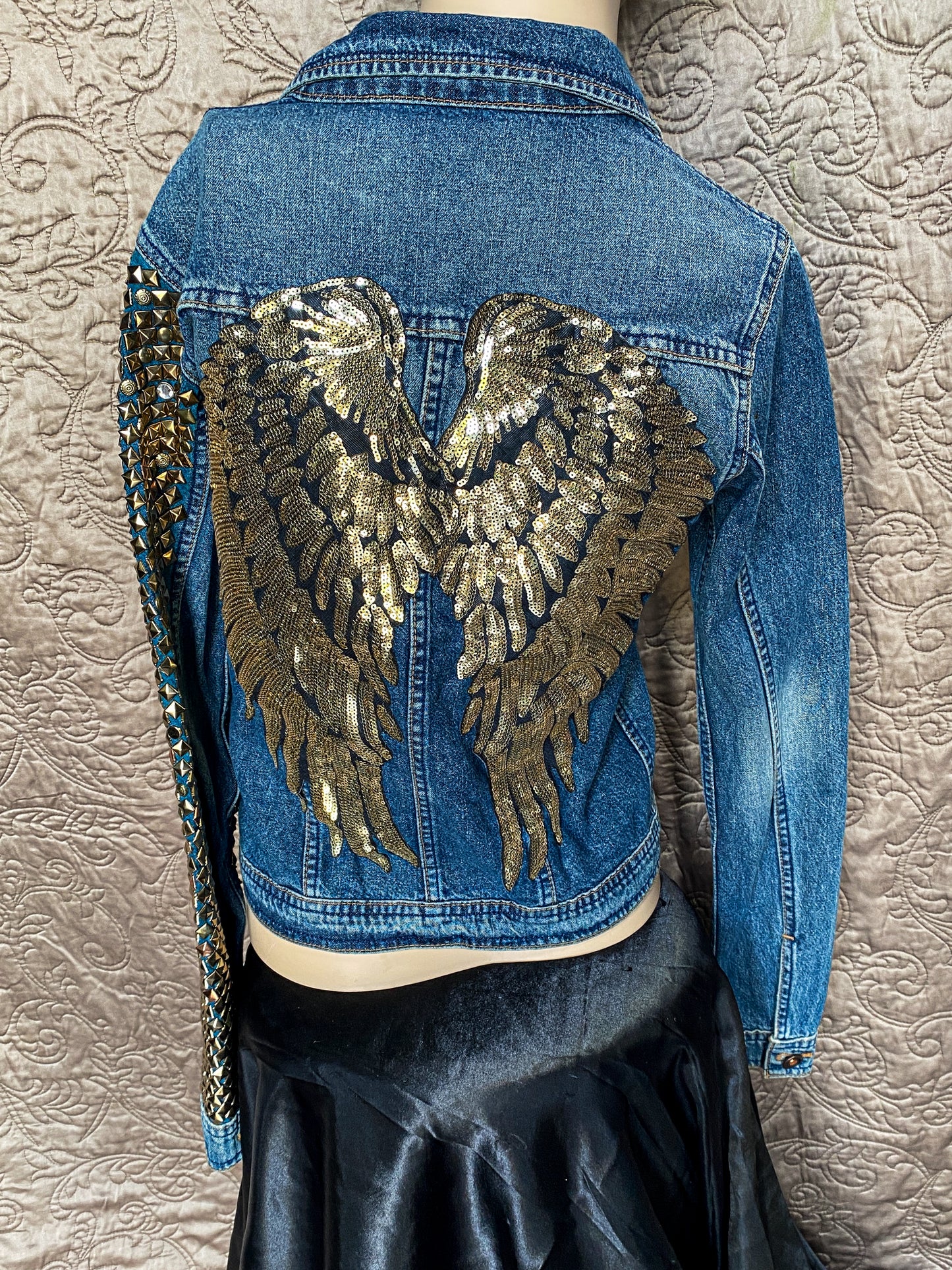 Blue Denim Embellished Jacket - Rocker Glam - Extra Small - Gold Sequin Angel Wings - Punk Studded Sleeves - Y2K Western