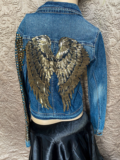 Blue Denim Embellished Jacket - Rocker Glam - Extra Small - Gold Sequin Angel Wings - Punk Studded Sleeves - Y2K Western