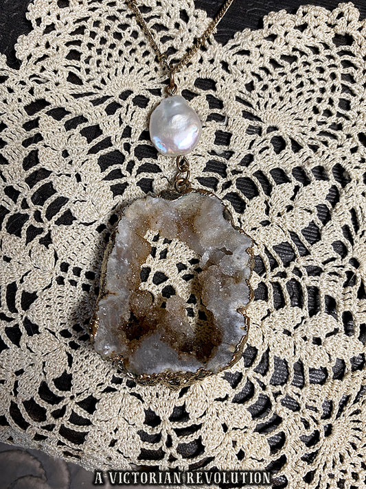 Earthy Raw Geode Druzy Crystal Slice + Baroque Pearl - Long Pendant Necklace Gold Tone - Grunge Fairy