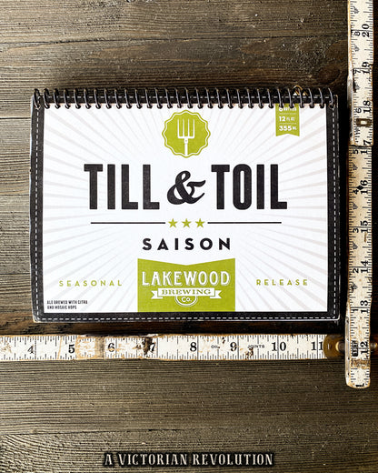 Upcycled Lakewood Brewing Till + Toil Saison Beer Packaging Spiral Notebook – Handmade Eco-Friendly Journal Featuring Citra and Mosaic Hops Graphics