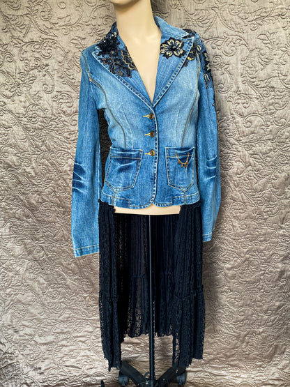 Denim Jacket with Black Lace Appliques and Long Black Lace Skirt XS