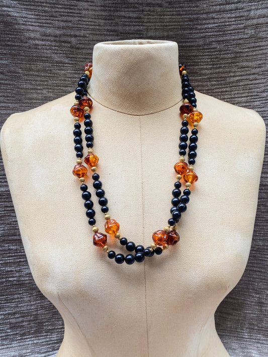 Vintage Long Amber And Black Bead Necklace, Retro Style Layering Strand, Gold Tone Metal Accents