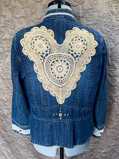 Denim Short Jacket w Studs and Heart on Back - Large