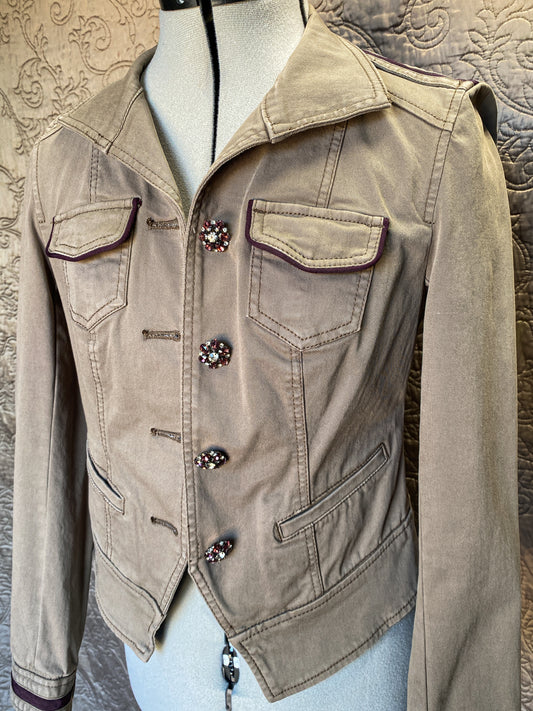 Utility Jacket, Military Style, Size Zero - XS, Embellished Crystal Buttons - Burgundy Trim - Cotton Cargo Jacket - White House Black Market