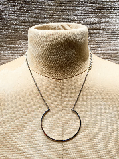 Silver Asymmetrical Geometric Hoop Necklace - Silvertone Statement Chain With Rhinestones - Modern Open Crescent Pendant