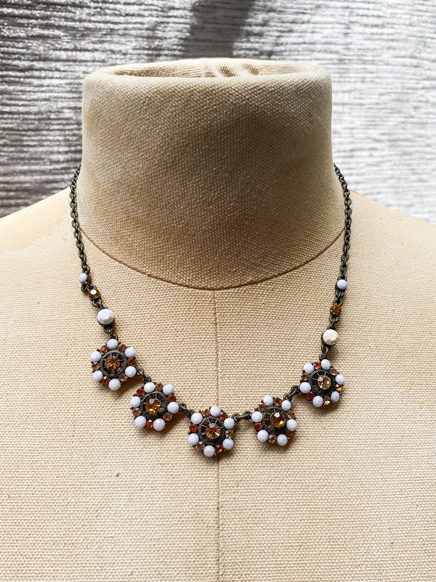 Vintage Brass Tone Flower Necklace - White And Amber Rhinestone Floral Statement Choker, Quirky Retro Style