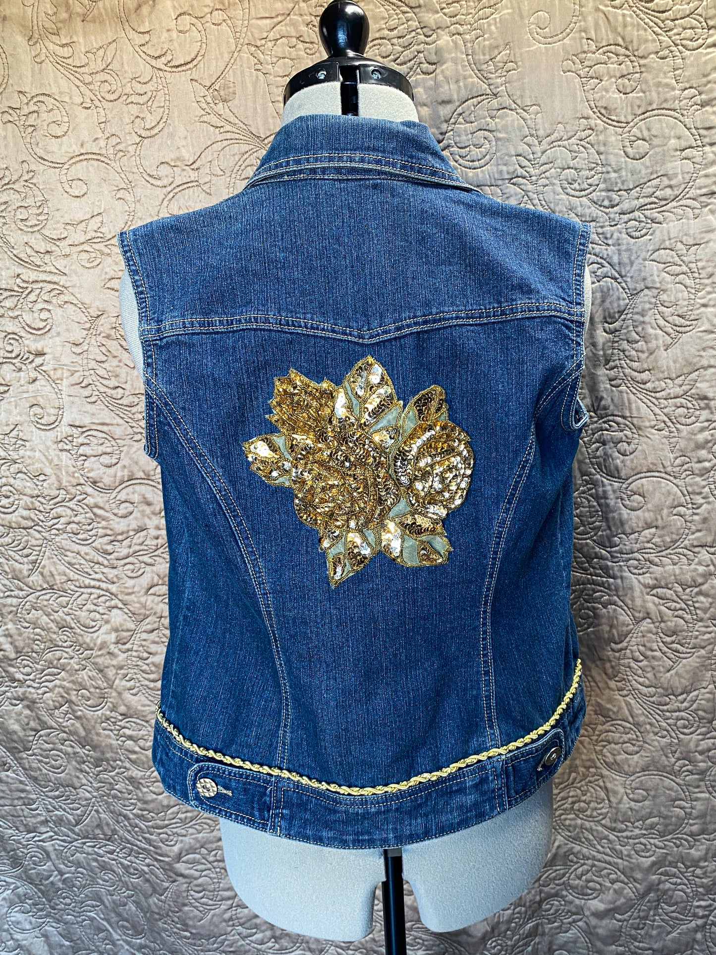 Upcycled Denim Vest with Gold Sequin Floral Applique - Glam Boho, Size Small,