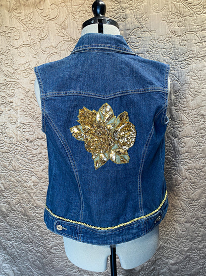 Upcycled Denim Vest with Gold Sequin Floral Applique - Glam Boho, Size Small,