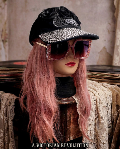 Punk Glam Black Studded Baseball Cap with Floral Accents