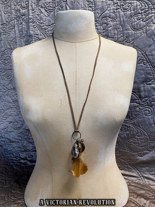 Vintage Inspired Bronze + Faux Crystal Feather Charm Necklace - Earthy Whimsigoth - Indie Grunge Festival - Faux Suede Pendant