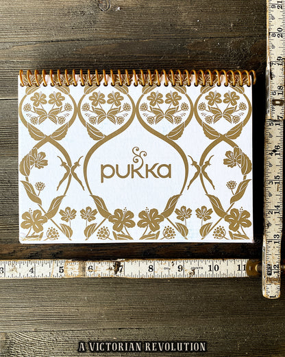 Upcycled Pukka Tea Floral Gold Spiral Notebook, Handmade Recycled Stationery Journal, Feminine Yoga Gift