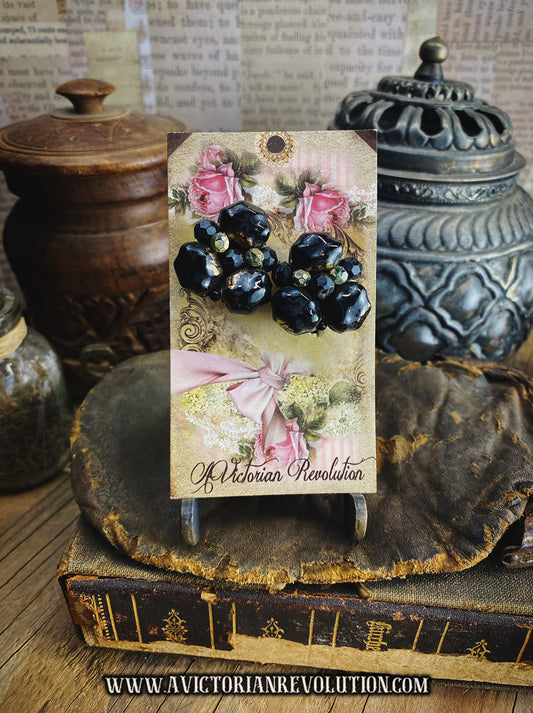 Black Bead Cluster Clip On Earrings - Vintage - 1950s Era - Mid Century