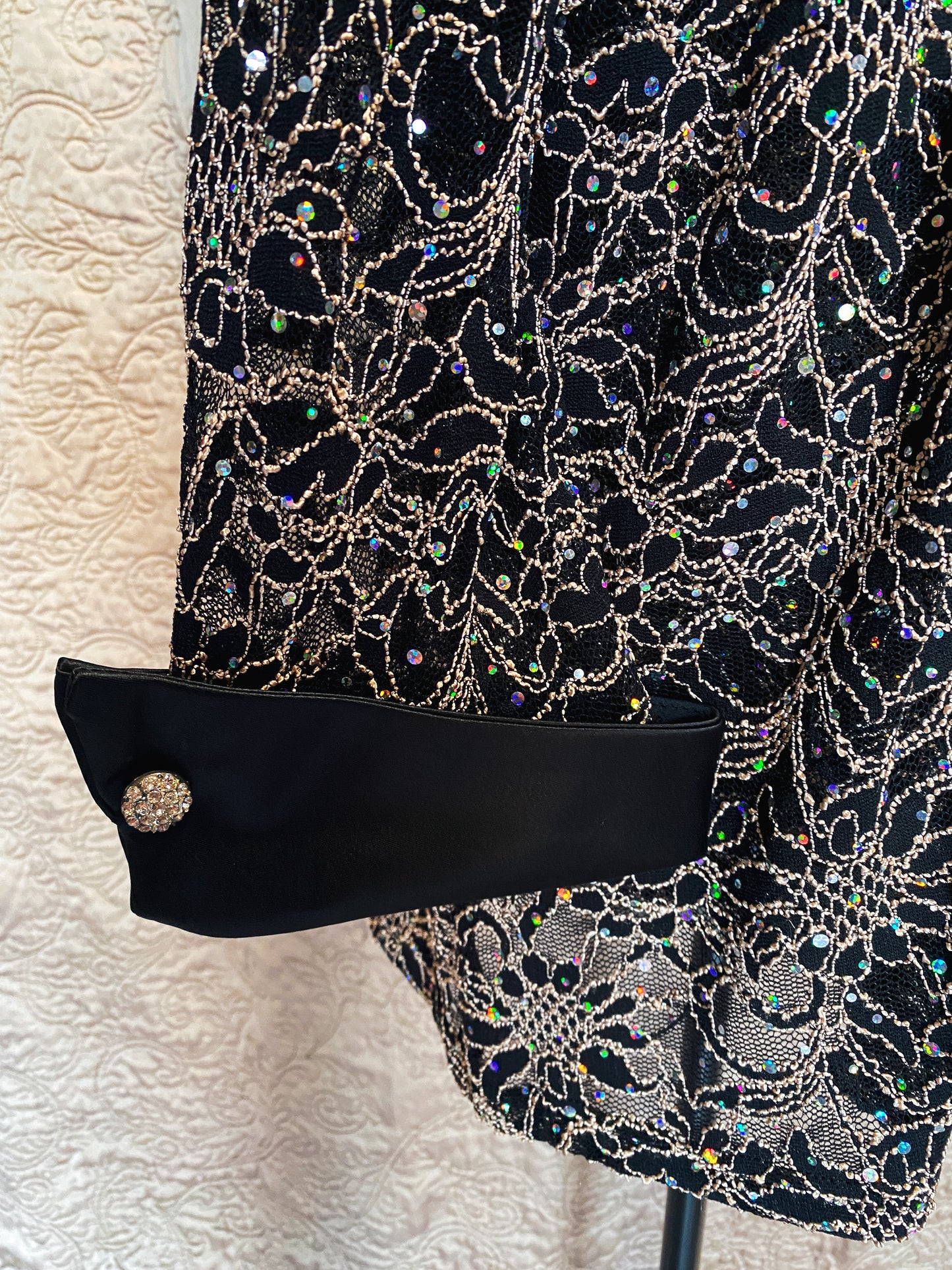 Black and Gold Metallic Lace One-Piece Jacket - Sequin Embellishments, Satin Trim, and Rhinestone Buttons - Formal Evening Blazer - Size 14