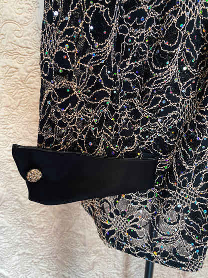 Black and Gold Metallic Lace One-Piece Jacket - Sequin Embellishments, Satin Trim, and Rhinestone Buttons - Formal Evening Blazer - Size 14