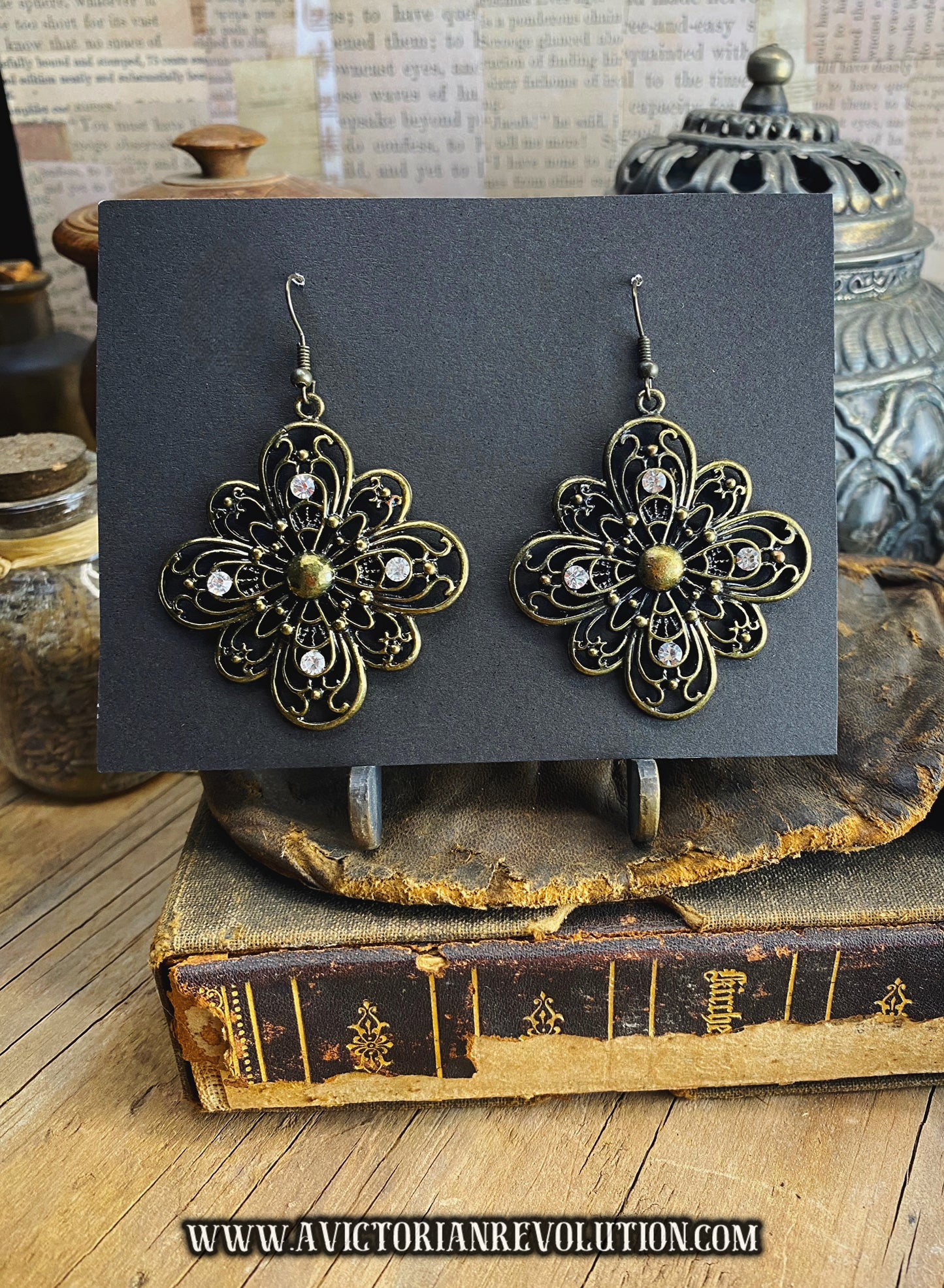 Antique Brass, Ornate Filigree Flower, Clear Crystal Accents, Boho Dangle Earrings - Vintage Style