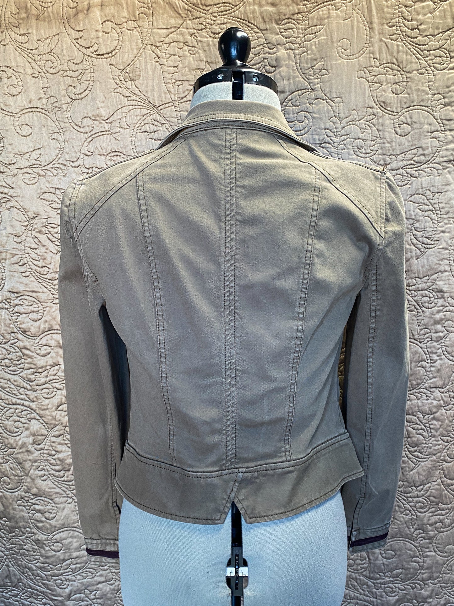 Utility Jacket, Military Style, Size Zero - XS, Embellished Crystal Buttons - Burgundy Trim - Cotton Cargo Jacket - White House Black Market