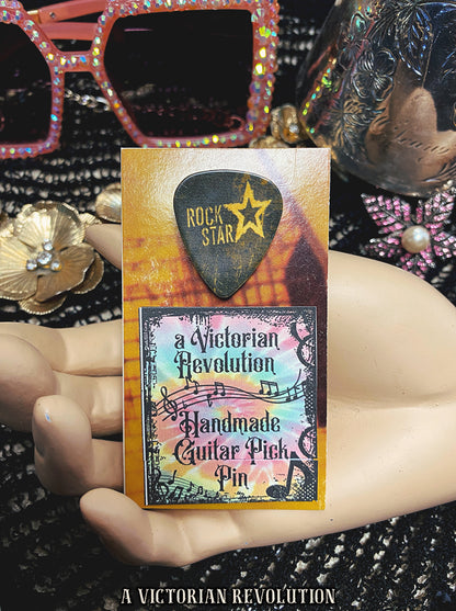 Rock Star Guitar Pick Pin - Handmade Upcycled Music Accessory - Real Guitar Pick Lapel Pin - Rock N Roll Star Jewelry - Unique Musician Gift - Black and Gold Star Motif
