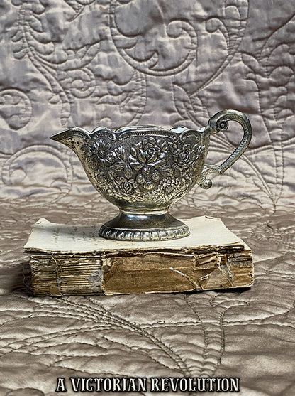 Vintage Silver Repoussé Floral Creamer – Shabby Chic Rustic Mini Pitcher with Antique Patina