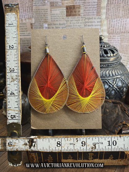 Red and Yellow, String Art, Teardrop Dangle Earrings - Handmade, Vintage, Boho Style