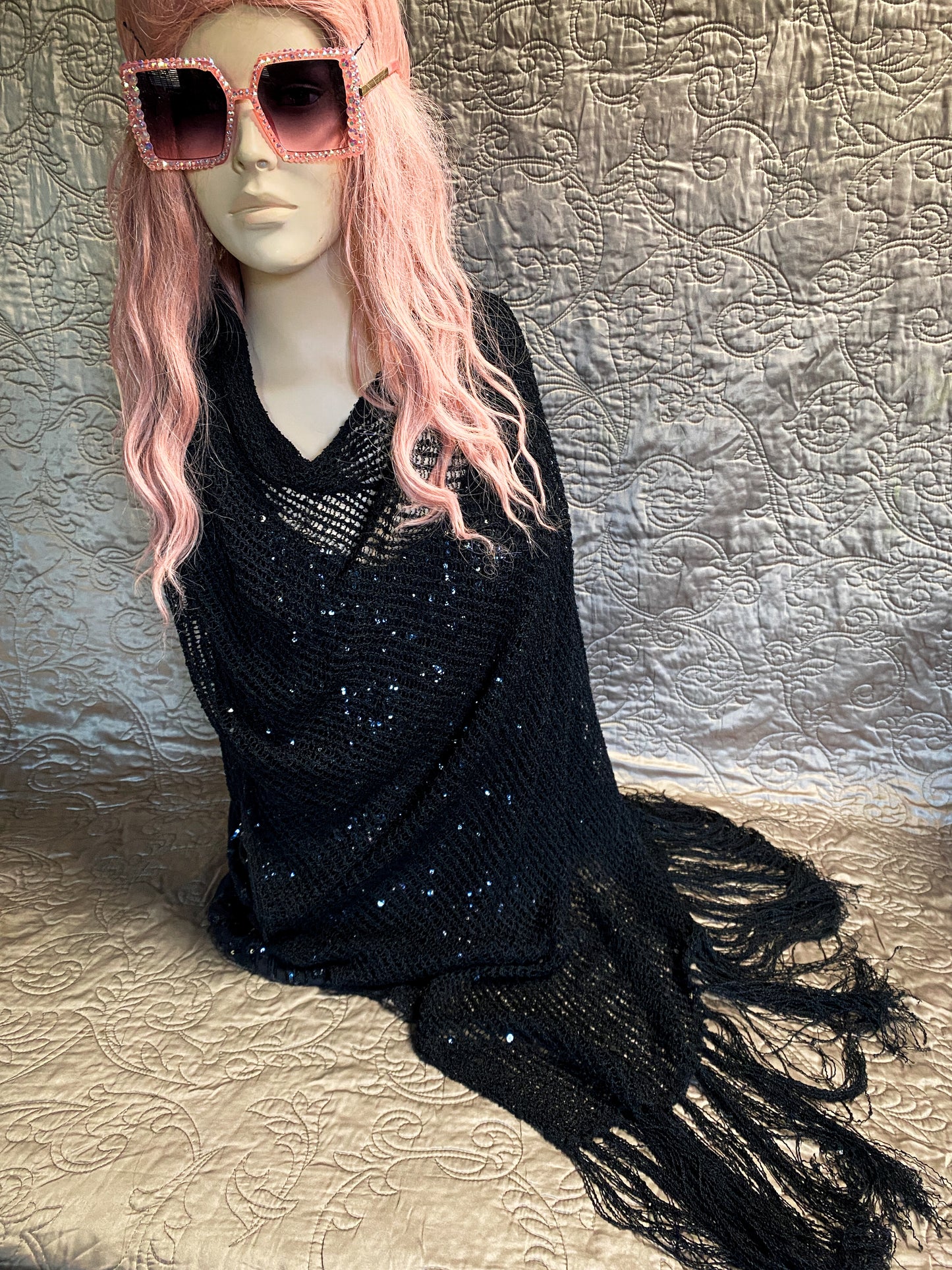 Black Open Knit Poncho Scarf - Sequins And Fringe - Elegant Bohemian Shawl