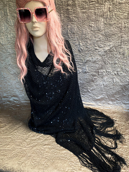 Black Open Knit Poncho Scarf - Sequins And Fringe - Elegant Bohemian Shawl