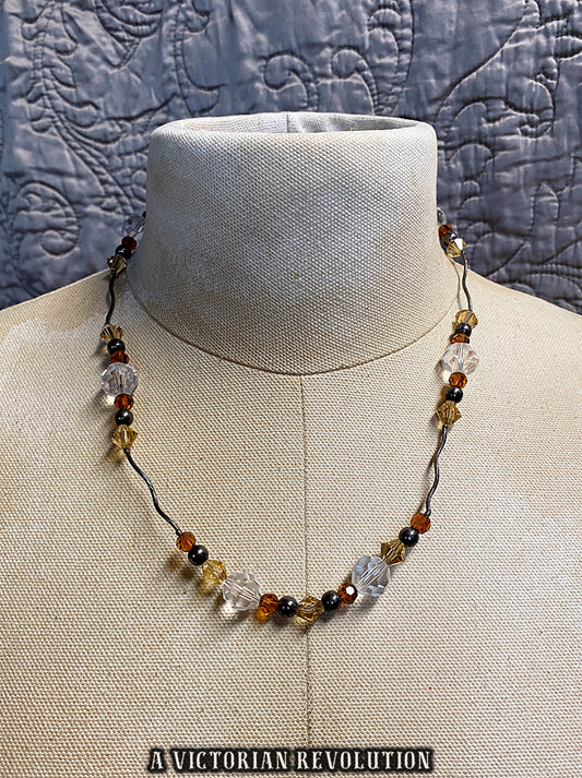 90s Y2K Beaded Necklace - Vintage Fairy Grunge Amber + Crystal Toned Choker