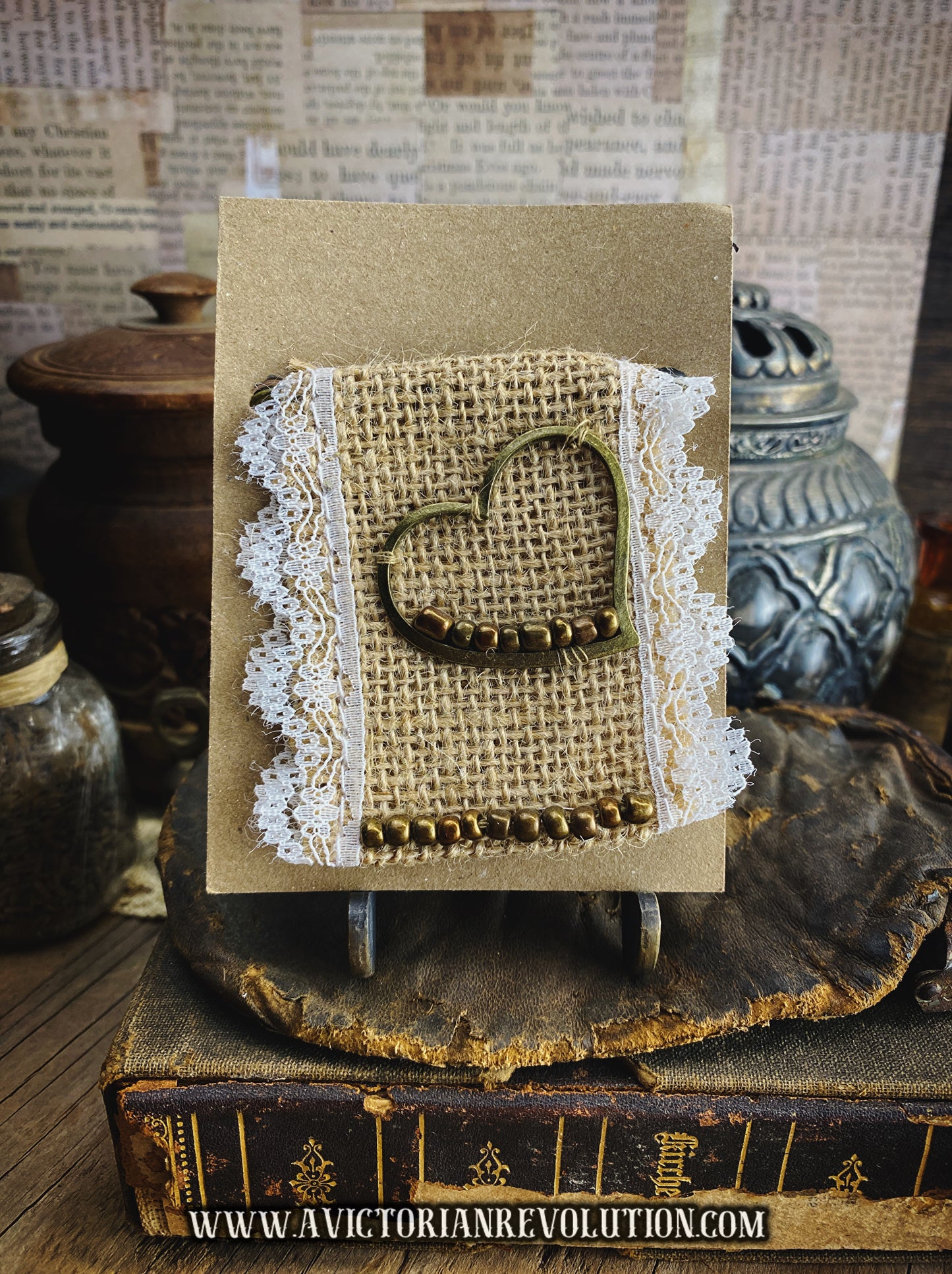 Handmade Kilt Pin - Heart and Bead Detail - Burlap and Lace - Mixed Metals - Vintage Inspired