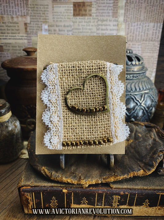 Handmade Kilt Pin - Heart and Bead Detail - Burlap and Lace - Mixed Metals - Vintage Inspired