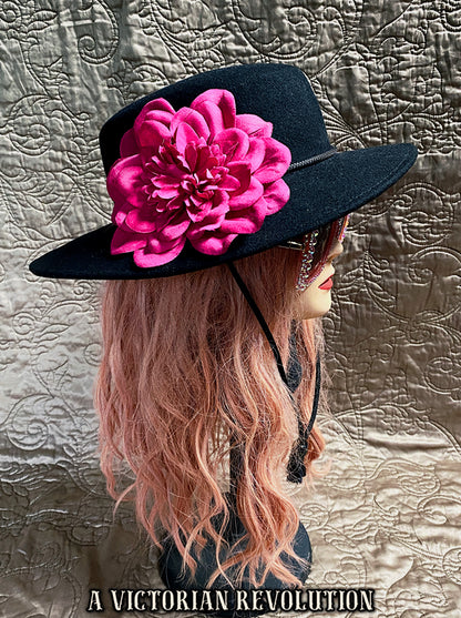 Black Wide Brimmed Hat with a Fuchsia Flower