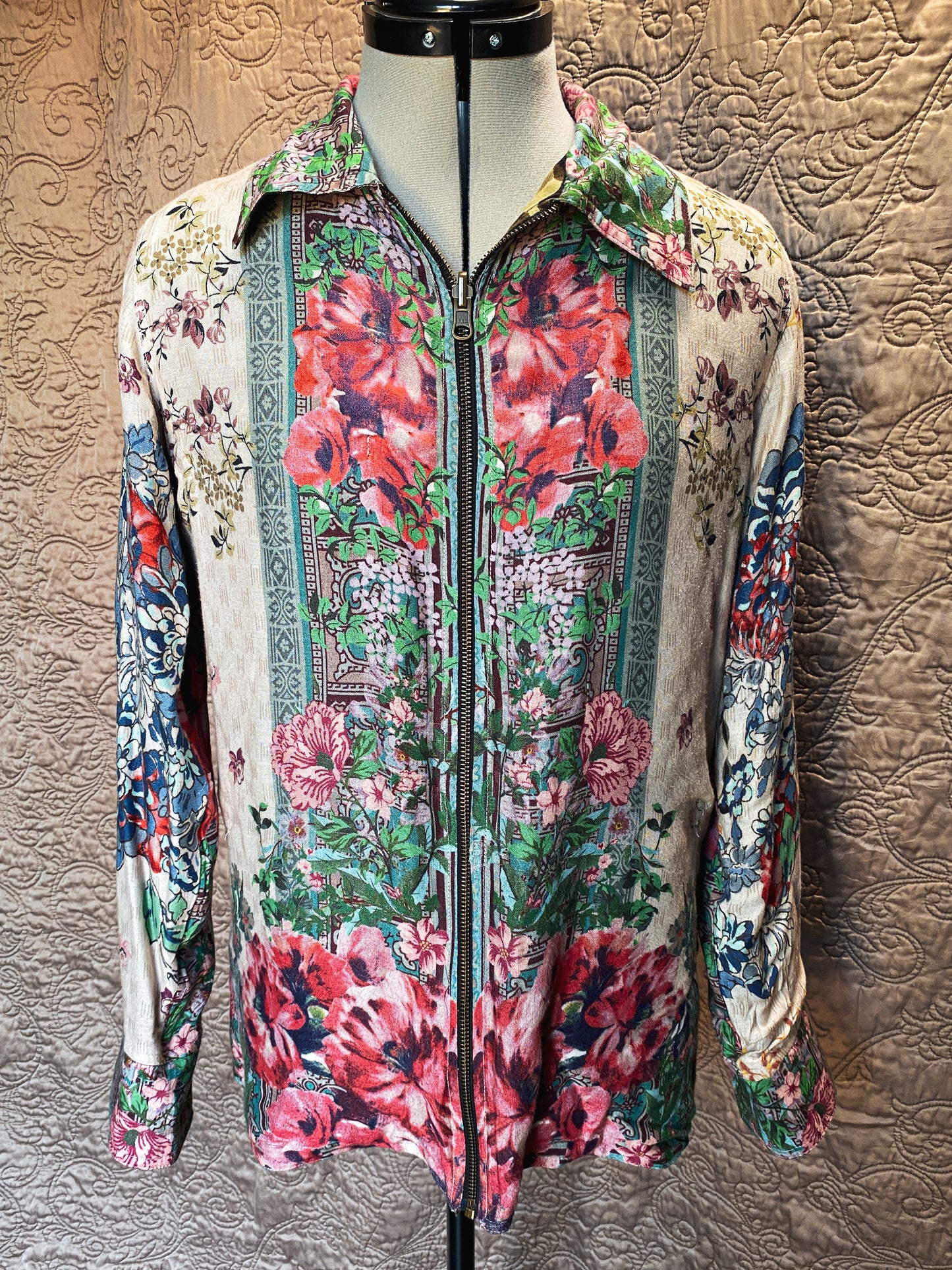 Green and Brown Reversible Zip-Up Johnny Was Jacket - Camo + Floral Embroidered Sleeve Shirt - Size Medium