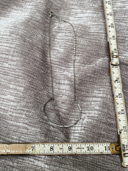 Silver Asymmetrical Geometric Hoop Necklace - Silvertone Statement Chain With Rhinestones - Modern Open Crescent Pendant
