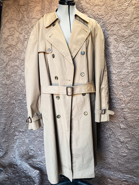 Vintage Tan London Fog Double Breasted Trench Maincoat - Belted Waist, Zip-out Liner, Classic Style, Retro Raincoat - Size 42 Ex-Long