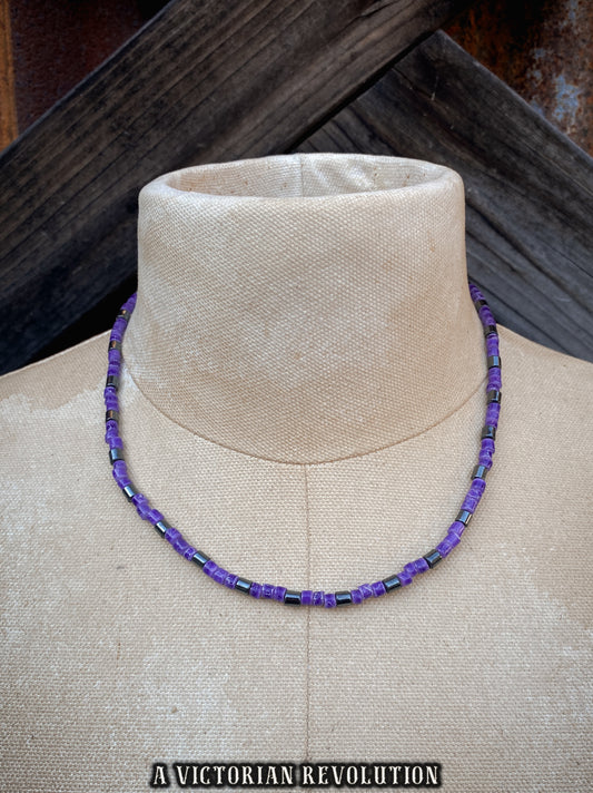 Deep Purple and Hematite Tone Seed Bead Strand - Retro 90s Style Necklace