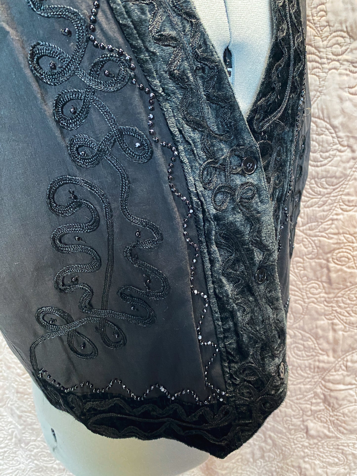 Black Beaded + Embroidered Vest - Button Front, Boho Style - Textured Vintage Vest - Small