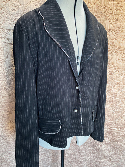 Black Pinstripe Rhinestone Trimmed Blazer - Embellished Jacket - Classic Style - Size 12