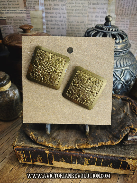 Vintage Stamped Metal Square Clip On Earrings - Gold Tone - Floral and Grid Pattern - Used - Vintage