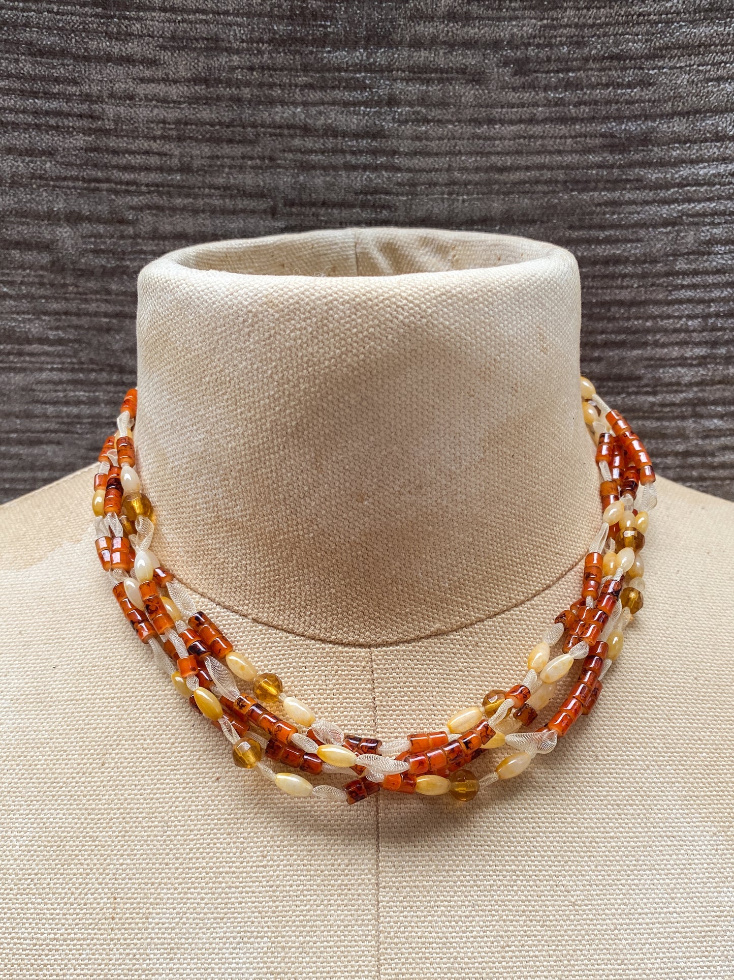 Amber Colored Multi Strand Bead Necklace, with Ribbon Accent - Vintage Style Retro Costume Jewelry