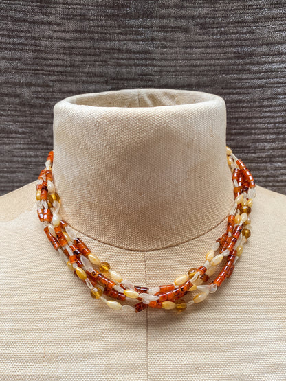 Amber Colored Multi Strand Bead Necklace, with Ribbon Accent - Vintage Style Retro Costume Jewelry