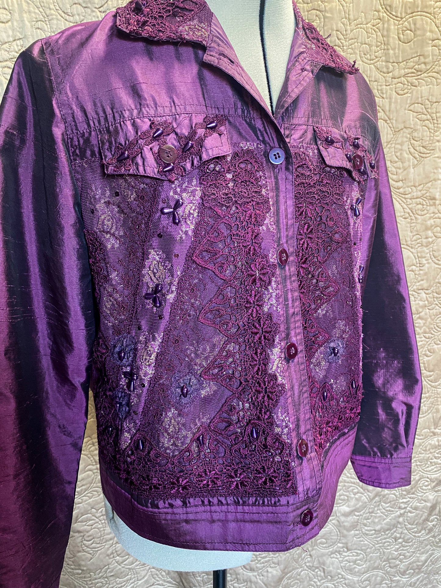 Purple Jacket - Beaded Lace - Size PM - Coldwater Creek - Vintage Silk - Embellished