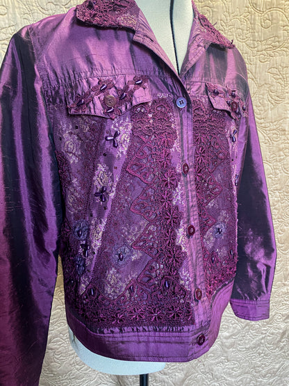 Purple Jacket - Beaded Lace - Size PM - Coldwater Creek - Vintage Silk - Embellished