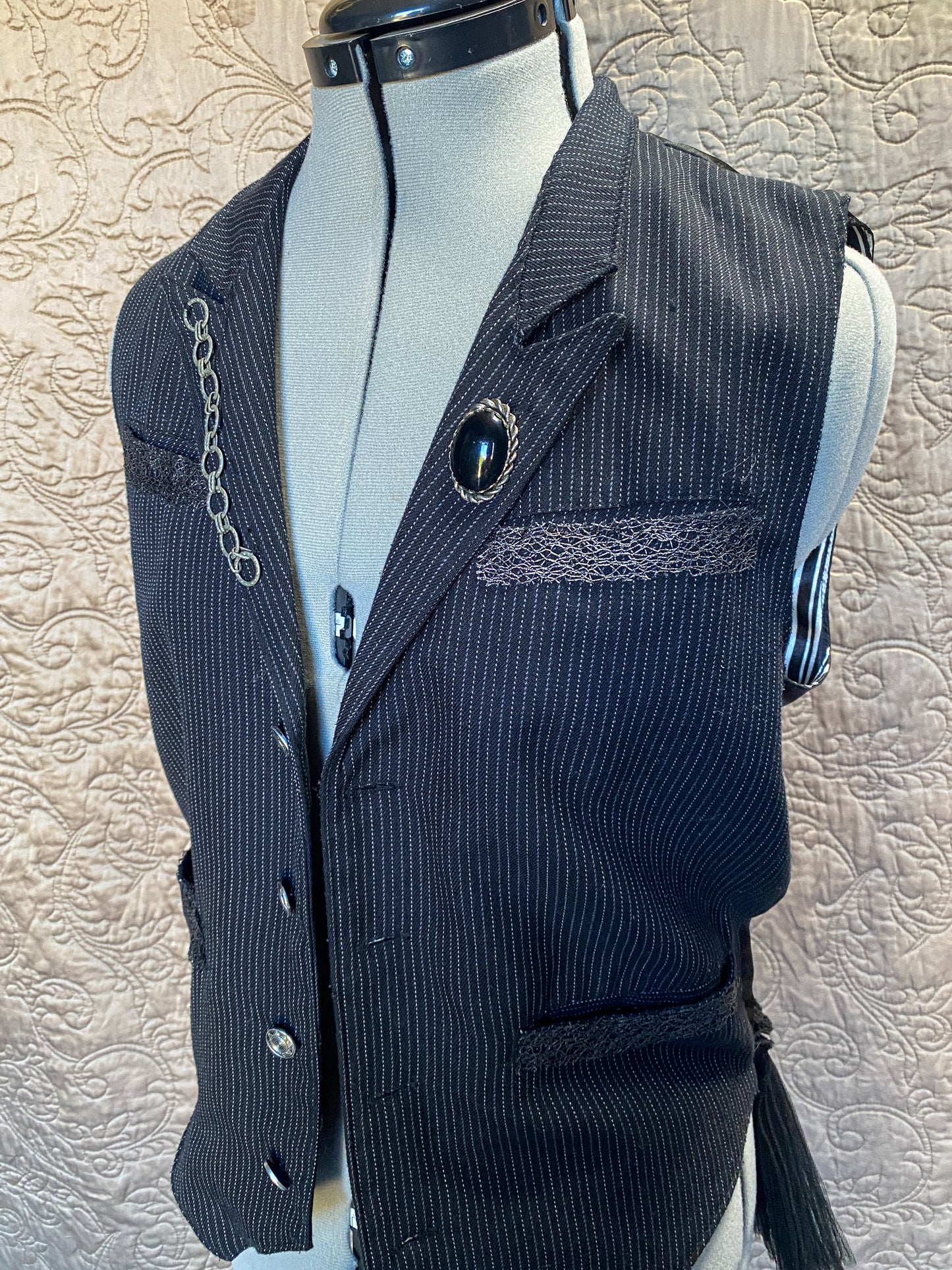 Black Pinstripe Upcycled Steampunk Vest - Lace Trim, Chain Detail, Tulle Ruffle - Gothic, Victorian, Cosplay - Small
