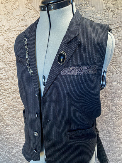 Black Pinstripe Upcycled Steampunk Vest - Lace Trim, Chain Detail, Tulle Ruffle - Gothic, Victorian, Cosplay - Small