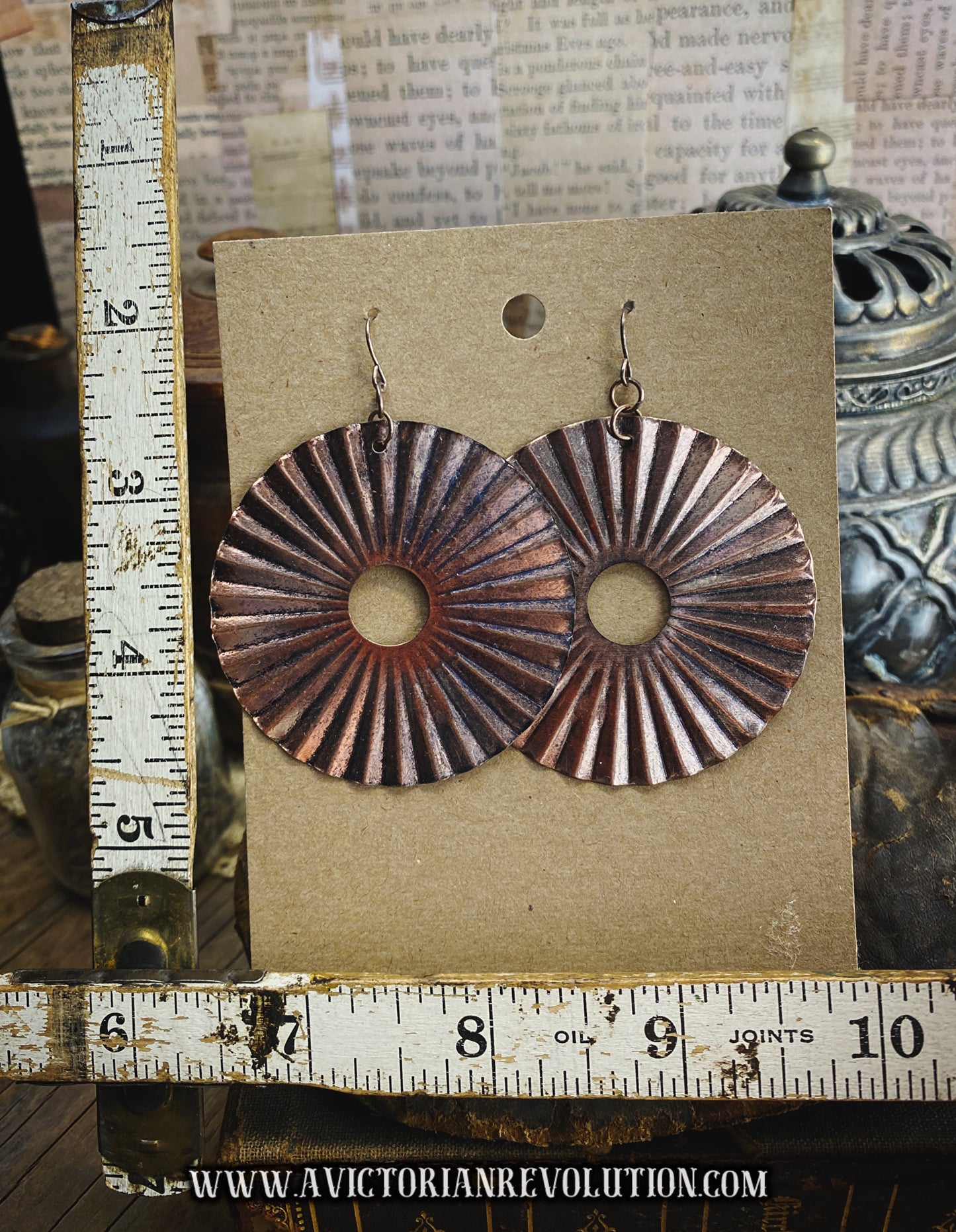 Copper-Toned Radial Sunburst Dangle Earrings, Handmade, Textured Corrugated Disks, Boho Style