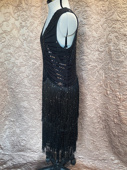 Black 1920s Style Sequin + Fringe Flapper Dress - Beaded Art Deco, Sleeveless, V-Neck Dress