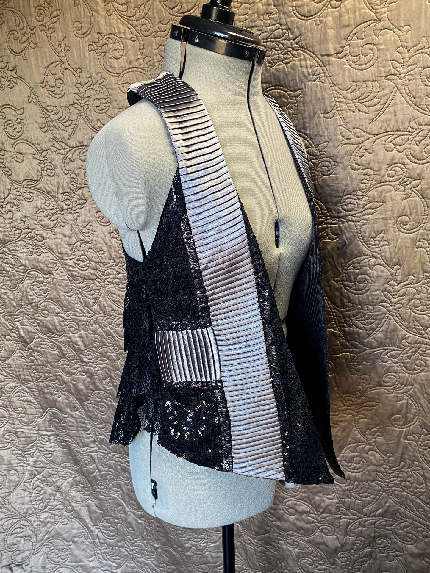 Black and Silver Open Front Peplum Vest - Steampunk - Lace, Sequin + Ruffle - Medium