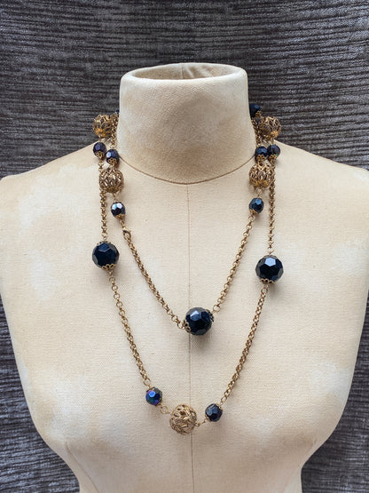 Vintage Black Faceted Bead And Gold Tone Filigree Station Necklace - Extra Long Retro 1970s Style Rope Chain