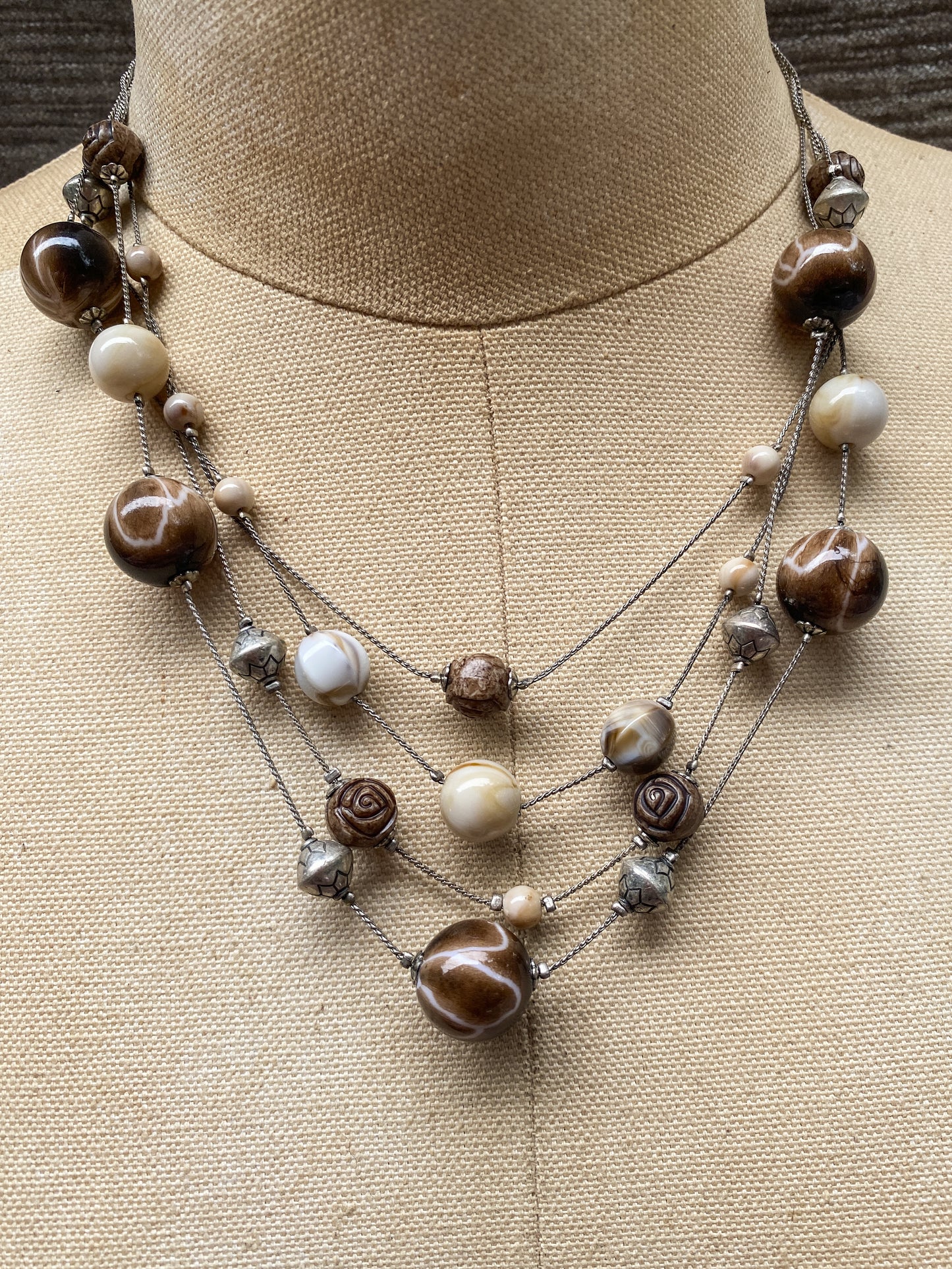 Earthy Chocolate Brown And Cream Multi Strand Layered - Retro New York And Company Necklace