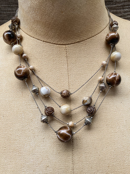 Earthy Chocolate Brown And Cream Multi Strand Layered - Retro New York And Company Necklace