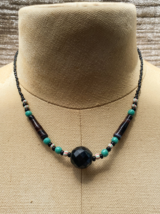 Vintage Bead Necklace - Black, Turquoise, Red, and White - Funky Retro Artisan Style